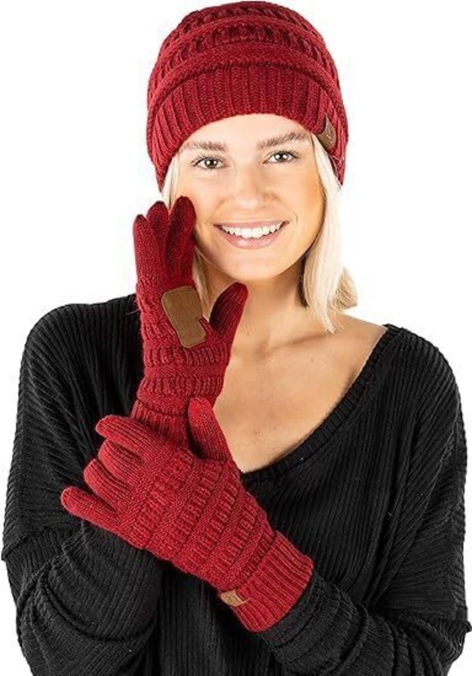 9213 Matching 2 Pk Beanie & Lined Gloves - Burgundy